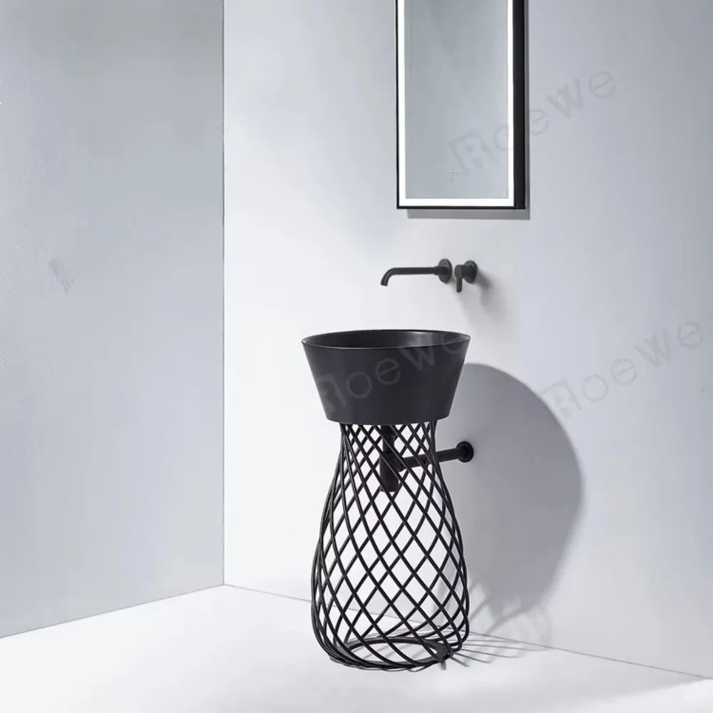 Bathroom Solid surface Freestanding base Sink Black resin stone floor Standing wash basin Composite wash basin