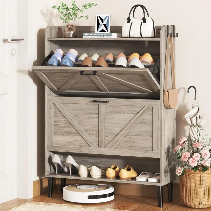 

Shoe Storage Cabinet for Entryway, Slim Shoe Organizer with Two Flip Drawers, Narrow Shoe Rack Cabinet with Wood Legs,