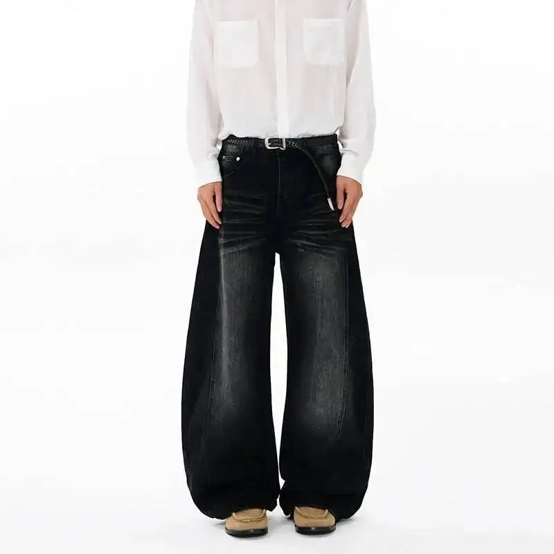 American Retro Black Washed Men's Jeans Straightleg Trendy Casual Niche Wide Leg Loose Fitting Casual Denim Pants VQ0F