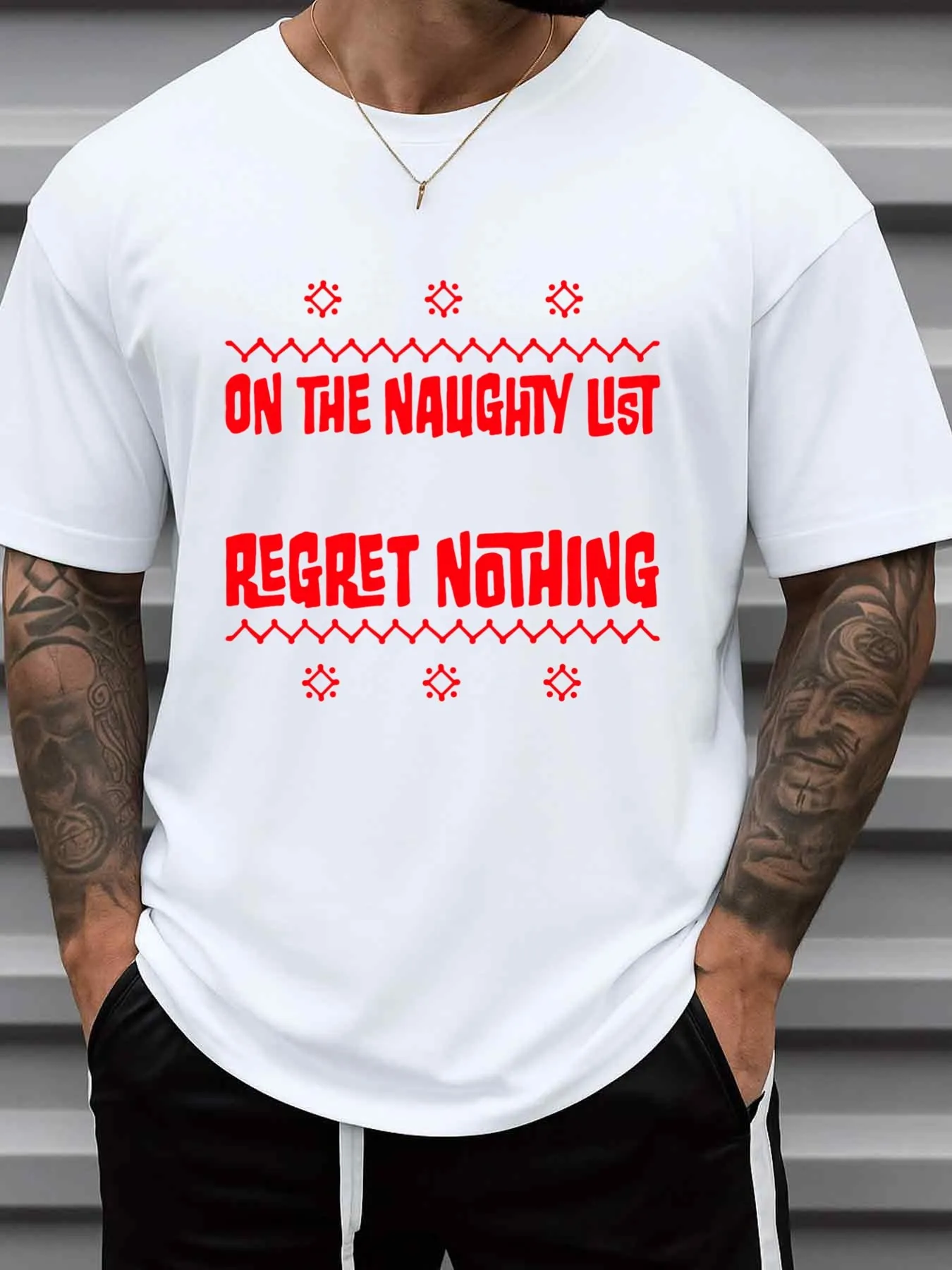 Men's Fun Christmas Prank List T-Shirt - on the Prank List, Nothing Is Regretted - Red Text Print - White Crew Neck T-Shirt - Plus Size Options Available - Casual Everyday and Party Wear - Great Value - All-Season Comfort Fit - Office, Date Night