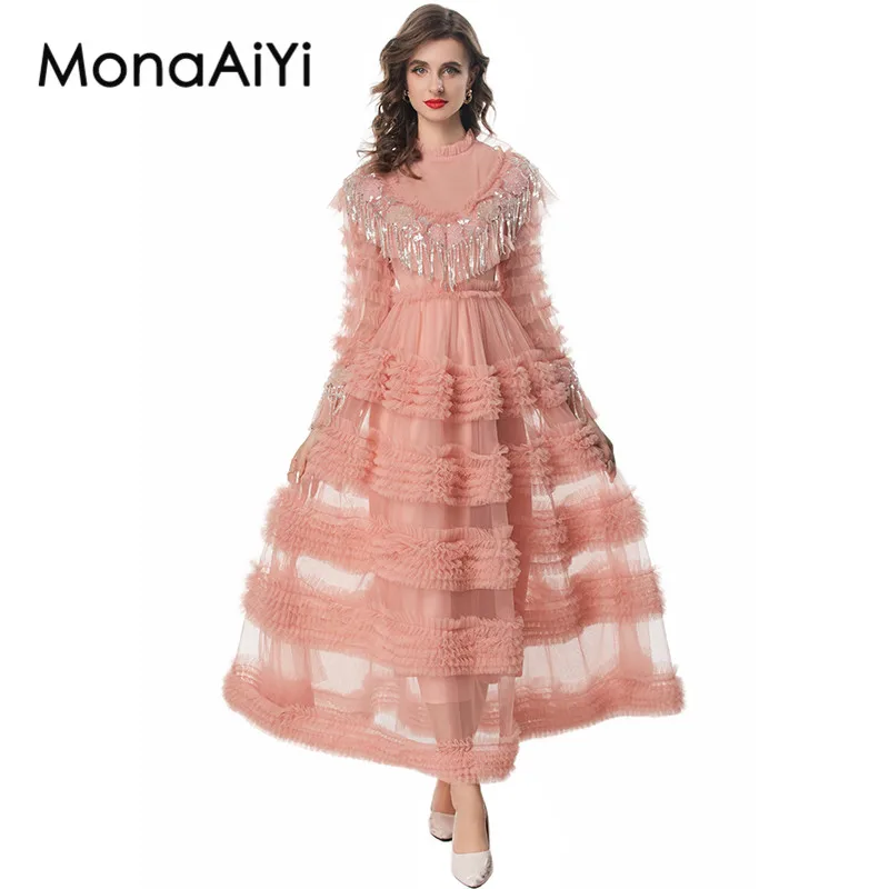 MonaAiYi Autumn Women's Dress Stand Collar Lantern Sleeved Sequins Tassel Edible Tree Fungus Edge Gorgeous Ball Gown Dresses