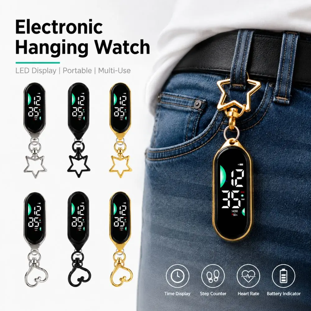 LED Electronic Hanging Watch Digital Display Portable Pocket Watch Waterproof Carabiner Luminous Pocket Watch Kids Adults