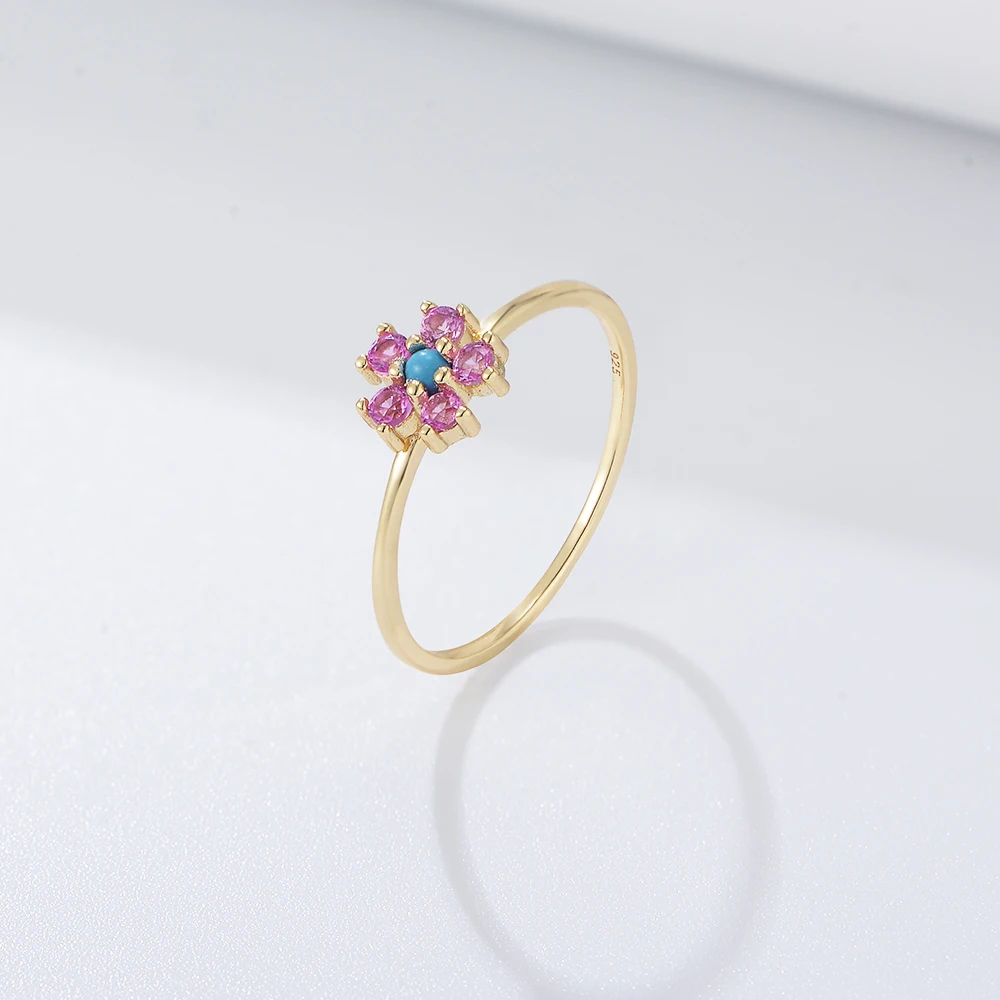 

2023 New Style Turquoise Silver Flower Ring Beautiful Sterling Stacking Ring Gold Plated 925 flower ring woman