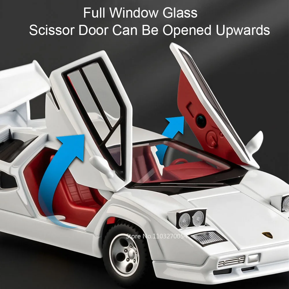 1:32 Lambor Countach LP500S V12 Miniatur-Spielzeug, Druckguss-Legierung, Modellauto, Türen, geöffnet, Sound, Licht, zurückziehbares Fahrzeug, beliebtes Ornament