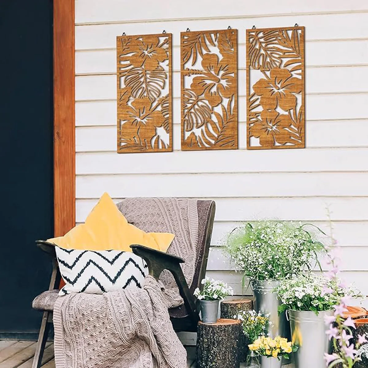 3 قطعة جدار ديكور خشبي أوراق النخيل جدار الفن الحد الأدنى الخشب زهور الكركديه ديكور معلق لوحة نباتية خمر للحمام المنزل