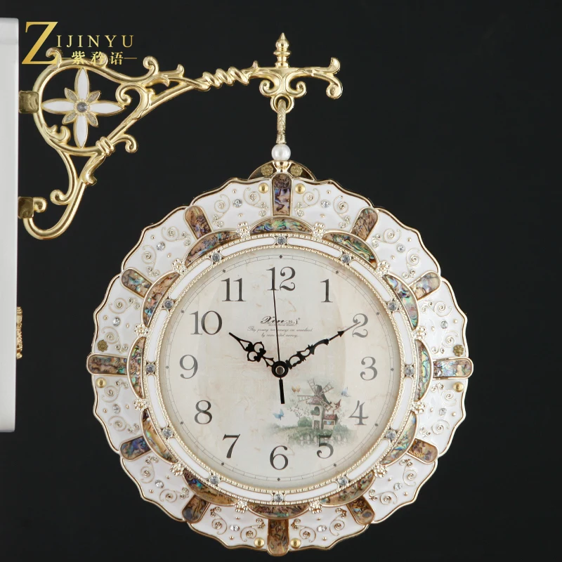Clock wall clock living room creative European fashion atmosphere metal double-sided silent solid wood European art decoration w