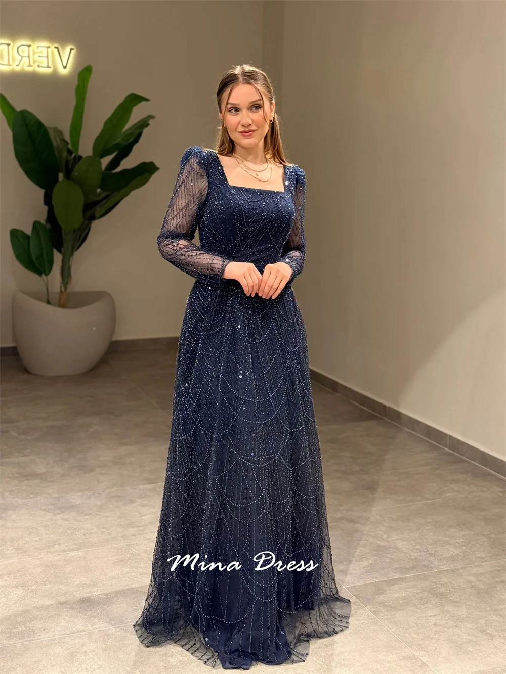 فساتين نسائية أنيقة من خرز مينا مخصص للمناسبات الخاصة بياقة مربعة ترتر فستان سهرة عربي فستان حفلات فاخر #4