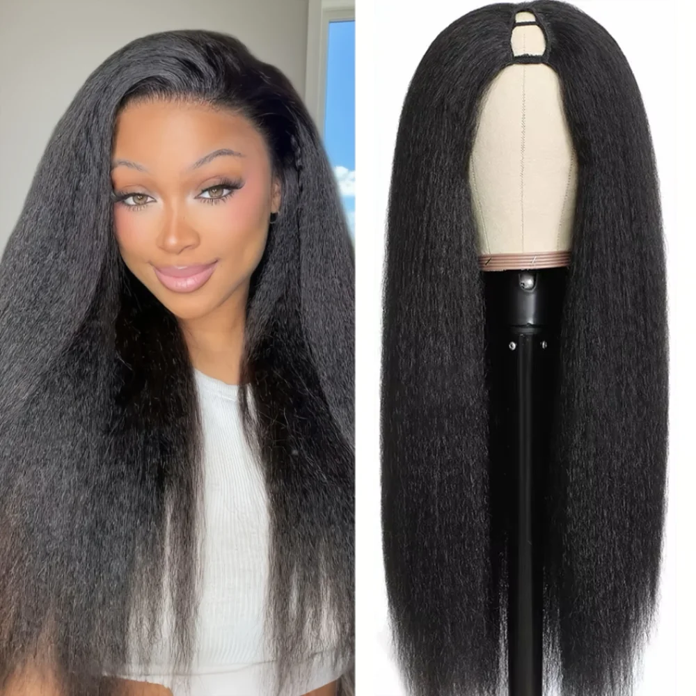 

32-дюймовый V-образный парик из настоящих человеческих волос без клея, странный прямой парик, плотность 200%, бразильский парик, простая установка, натуральный черный для женщин