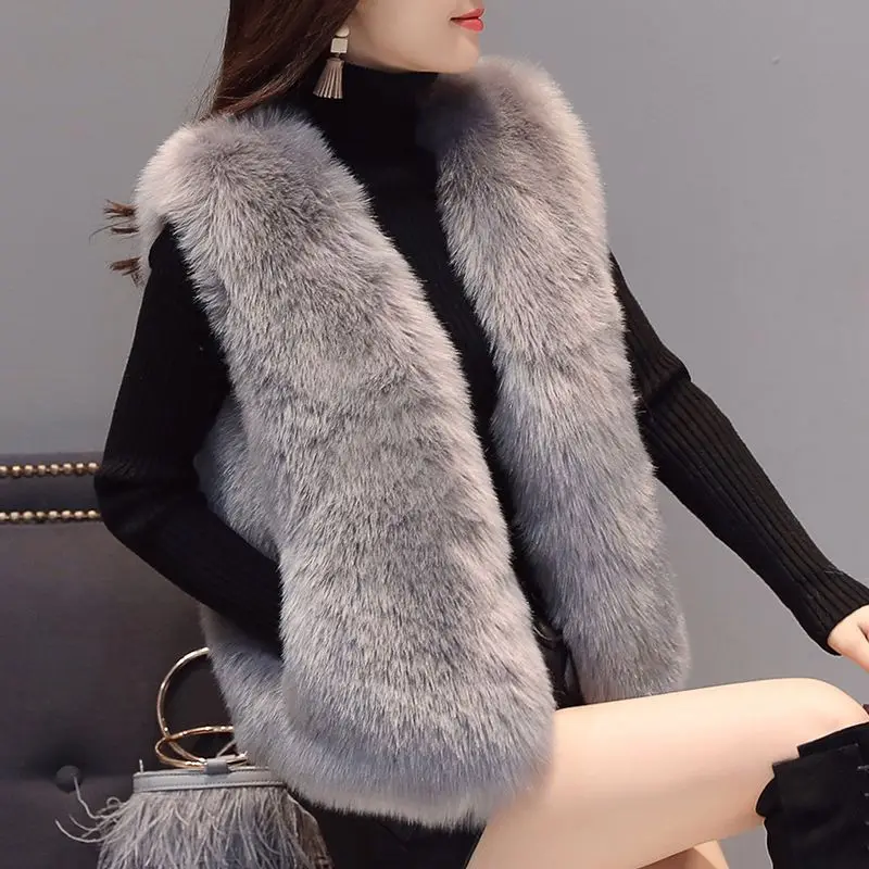 

Women Jacket Autumn Winter Imitation Fox Fur Sleeveless Coat Style Elegance Warm Faux Fur Vest Female Fake Fur Waistcoat Outwear