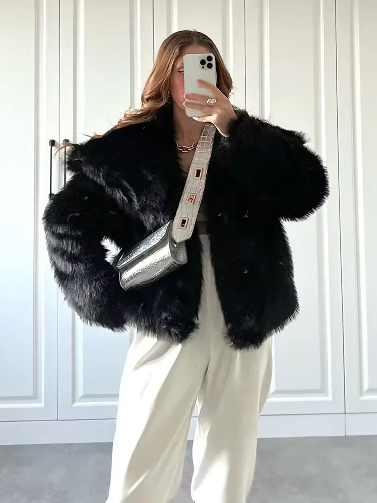 Women's Cropped Faux Fur Jacket Plush Warm Long Sleeve Warm Winter Fur Coat Women Jacket Shaggy Furry Outerwear with Pockets