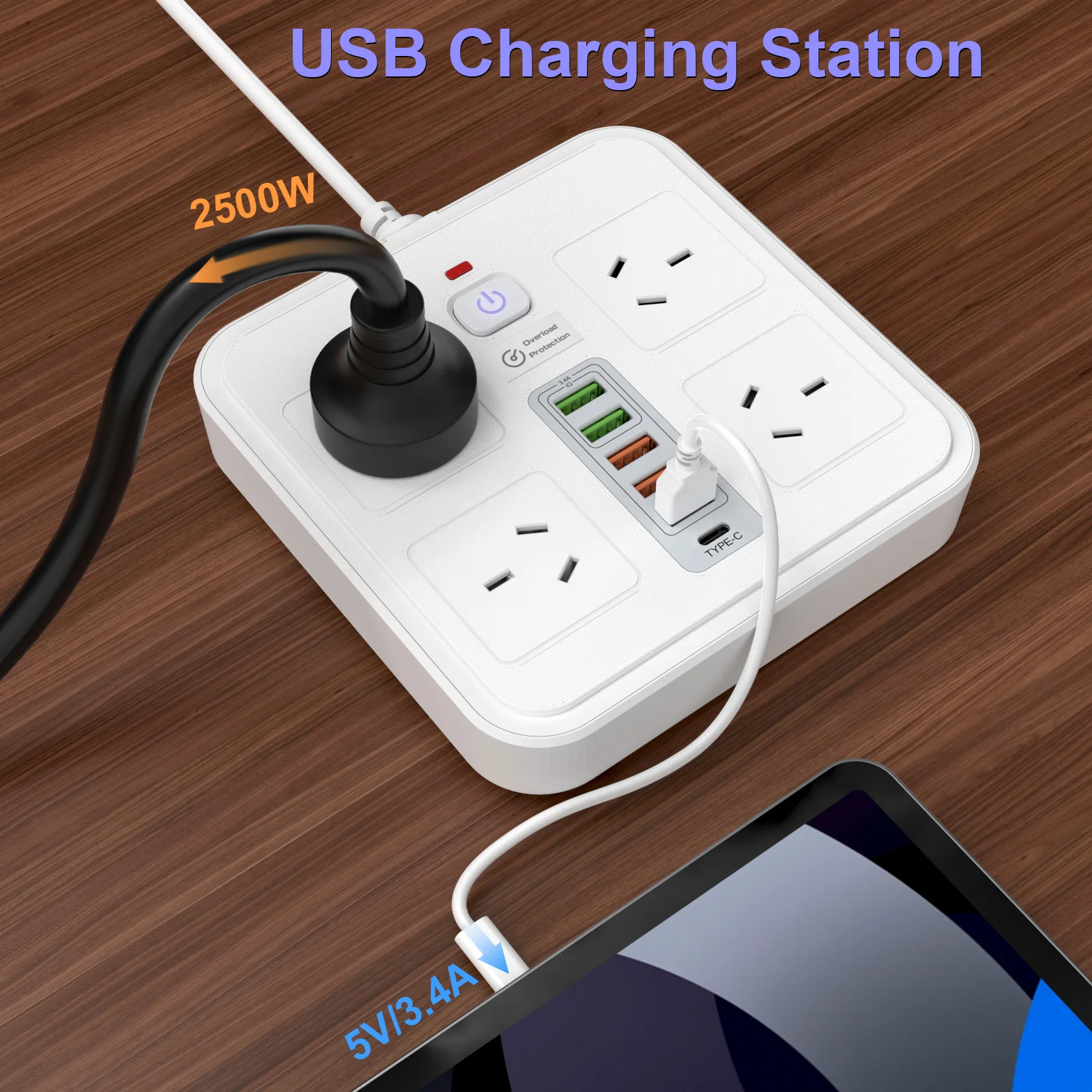 AU Plug power board with 5 USB ports 1 Type C port Power adapter socket Overload protection Network filter 2 m cable black White