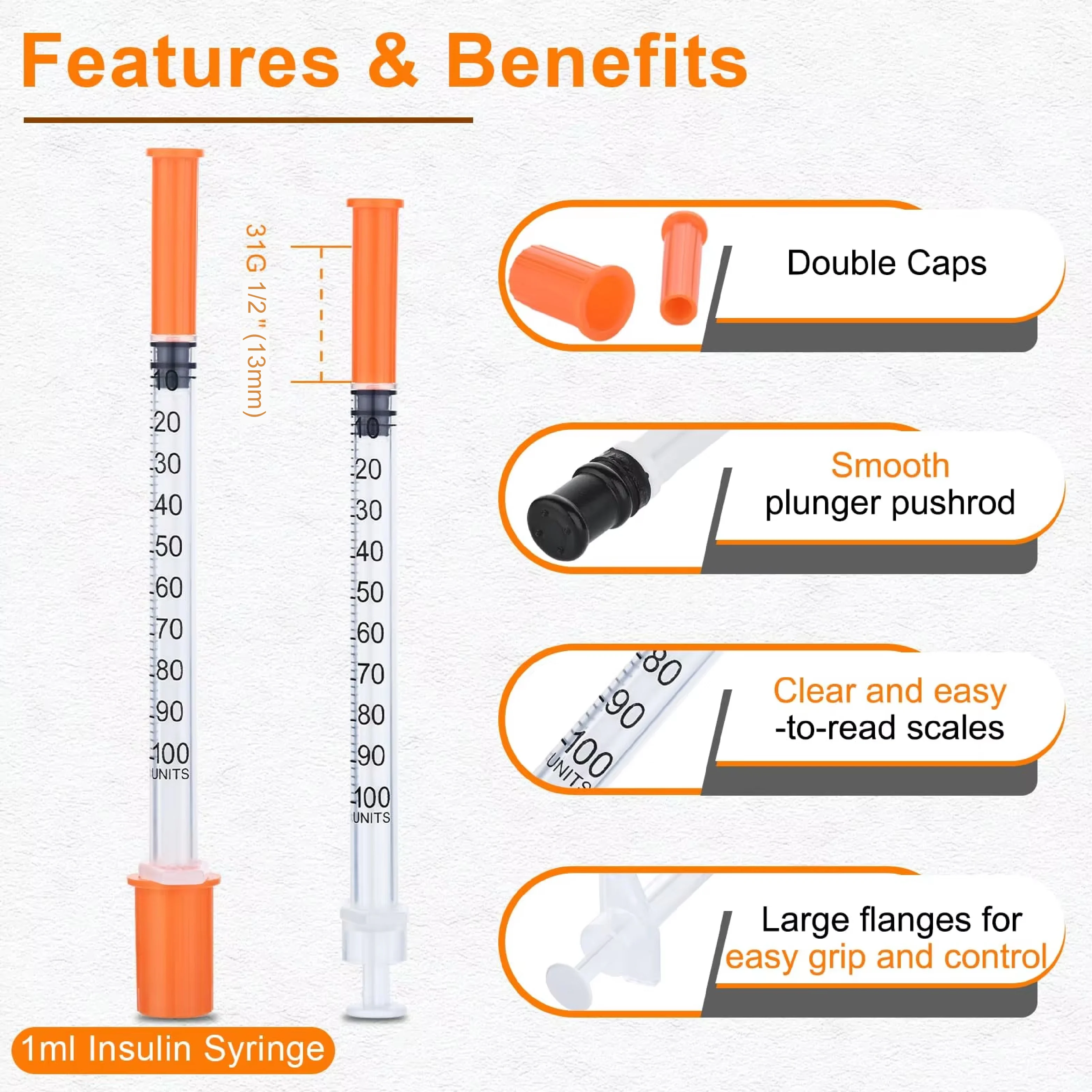 100pcs 1ml 31G 13mm Sterile Insulin Syringe With 1/2 inch Needle Individually Packed for Animal Pets Farm Use