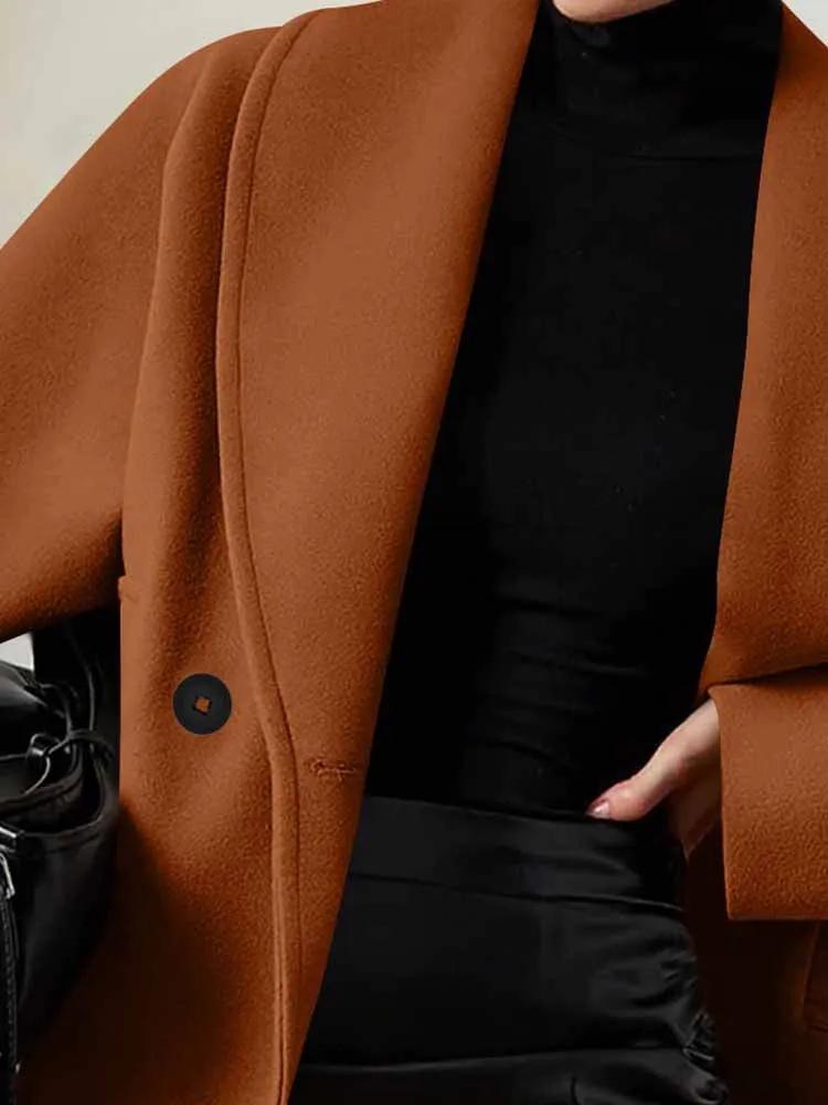

New Winter Long Sleeved Loose Women's Coat Simple Solid Color Button Commuting WoolenJacket Fashion High Street Pocket Outerwear