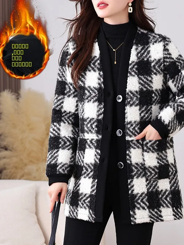 

Warm Woolen Casual Loose Plaid Coat for Women Autumn Winter Outerwear Comfortable Slimming Long Sve Cotton Jaet