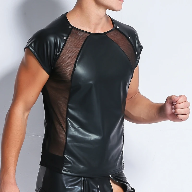 Men's Sexy Black PU Leather Stage Performance O Neck Short Sleeve T-shirt Tops Tees Rivet Mesh Patchwork T Shirts Clothing Male