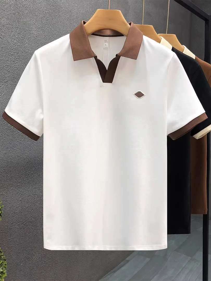 

Men's Casual irt ort Sve V-Ne Patchwork Color Breathable Georgette Cotton Turn-down Collar Summer Faion Top