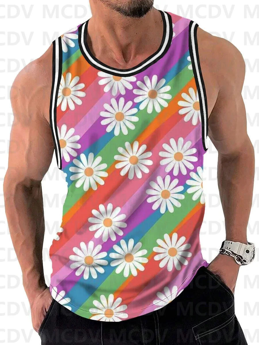 Colorful Floral Print Casual Round Neck Sleeveless Tank Top 3D Printed Tank Tops Men Summer Tops