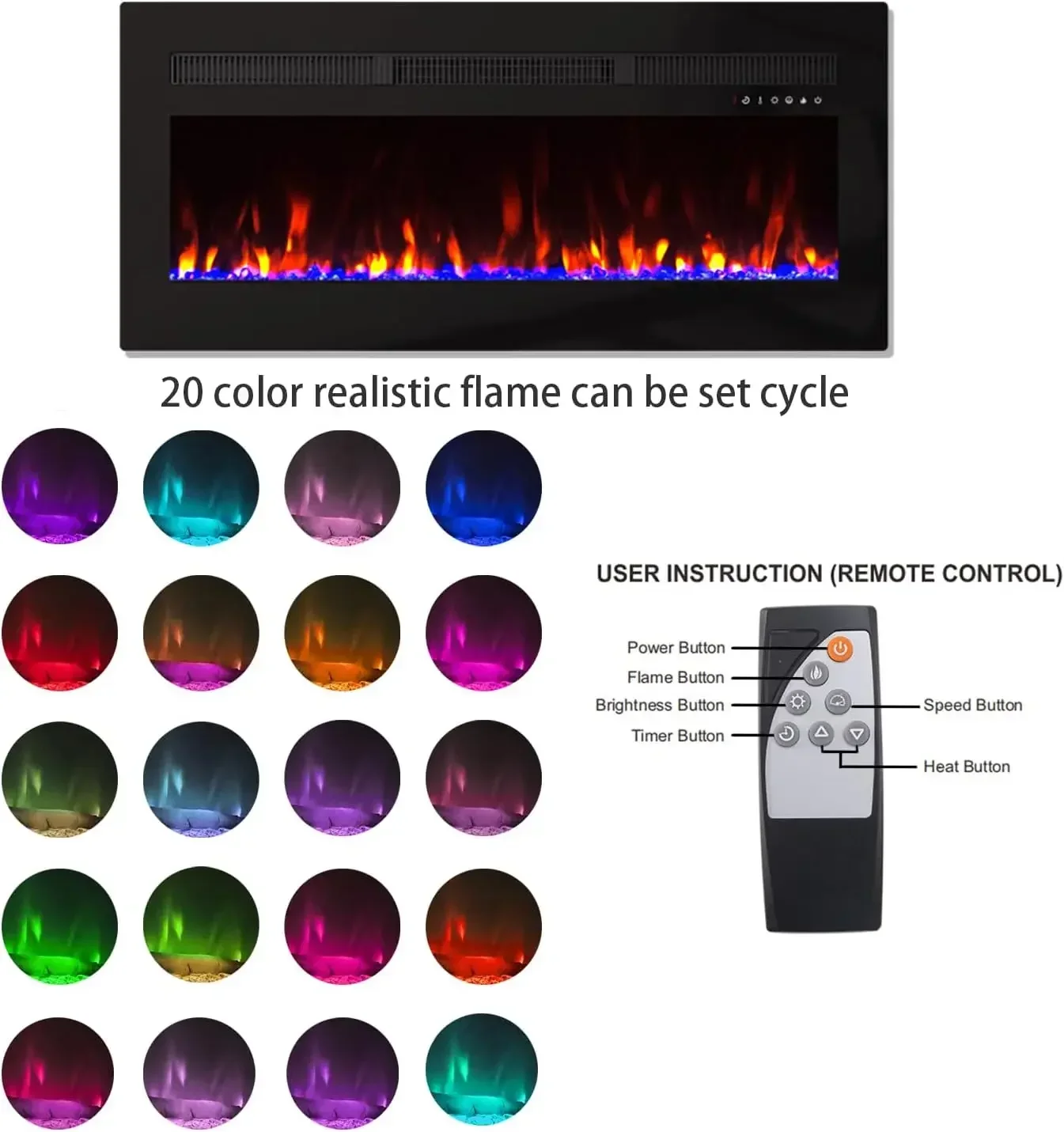 Electric Fireplace Heater Wall-Mounted or Recessed Electric Fireplace Inserts with Timer, Touch Screen/Remote Control, Adjustabl