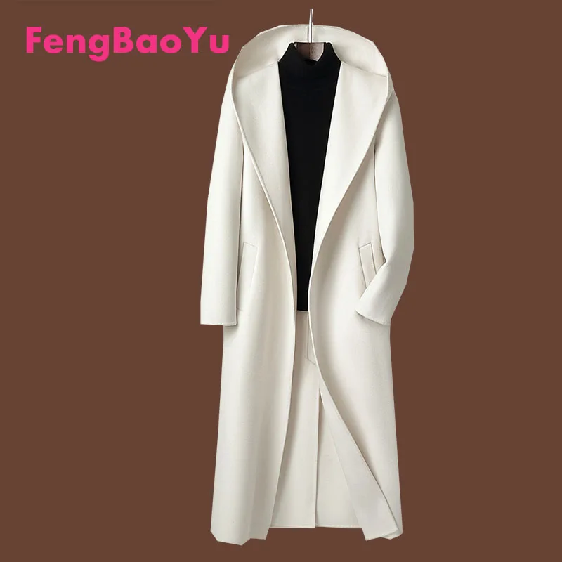 

Fengbaoyu Double-sided Wool Autumn Winter Men's New Super-long Hooded Coat Cashmere Trench Coat American Casual White Luxur Coat