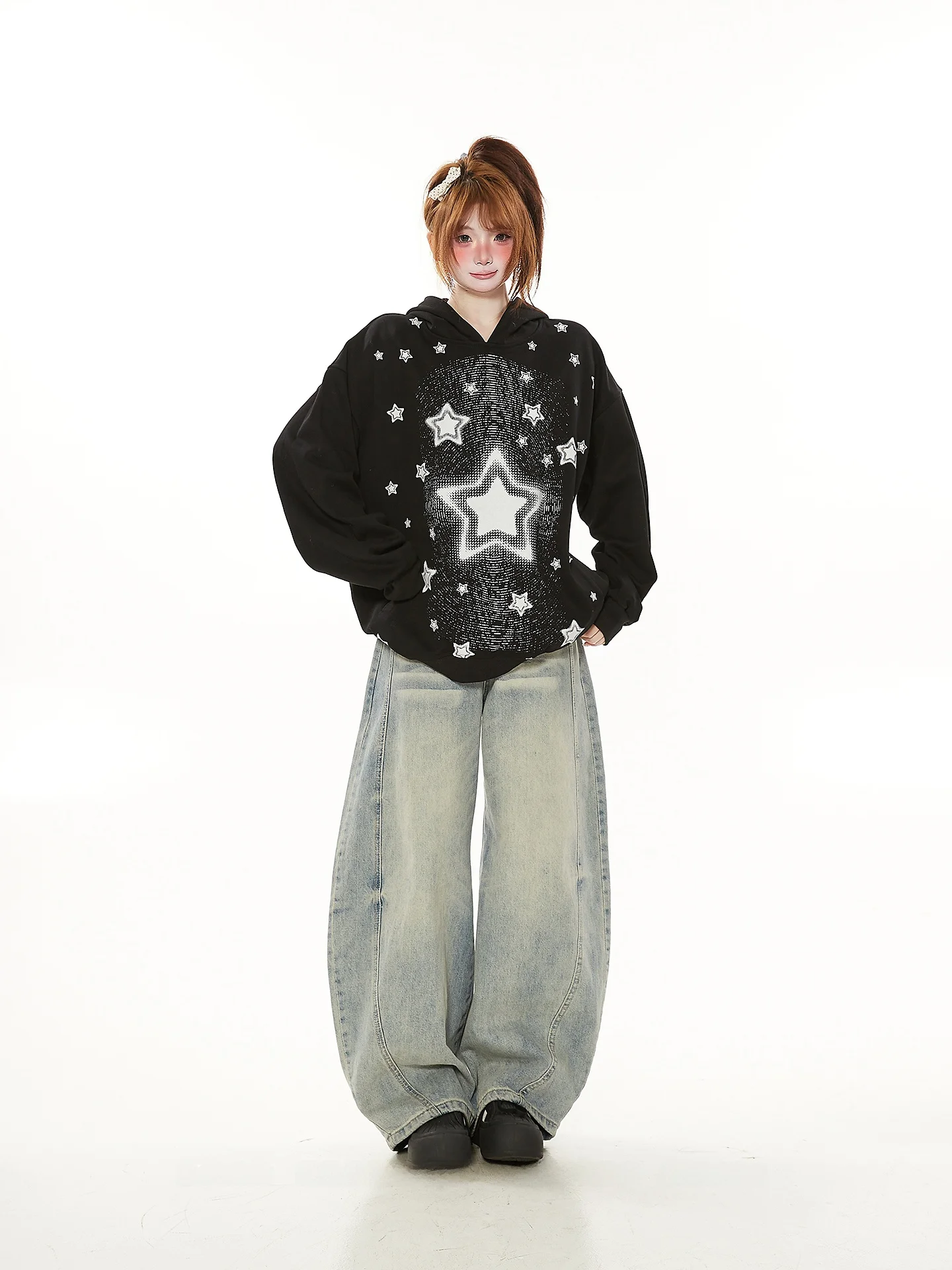 

Американское ретро-худи с принтом звезд, женское, весенне-осеннее, свободного кроя, с капюшоном, повседневное, с длинными рукавами, хлопковое