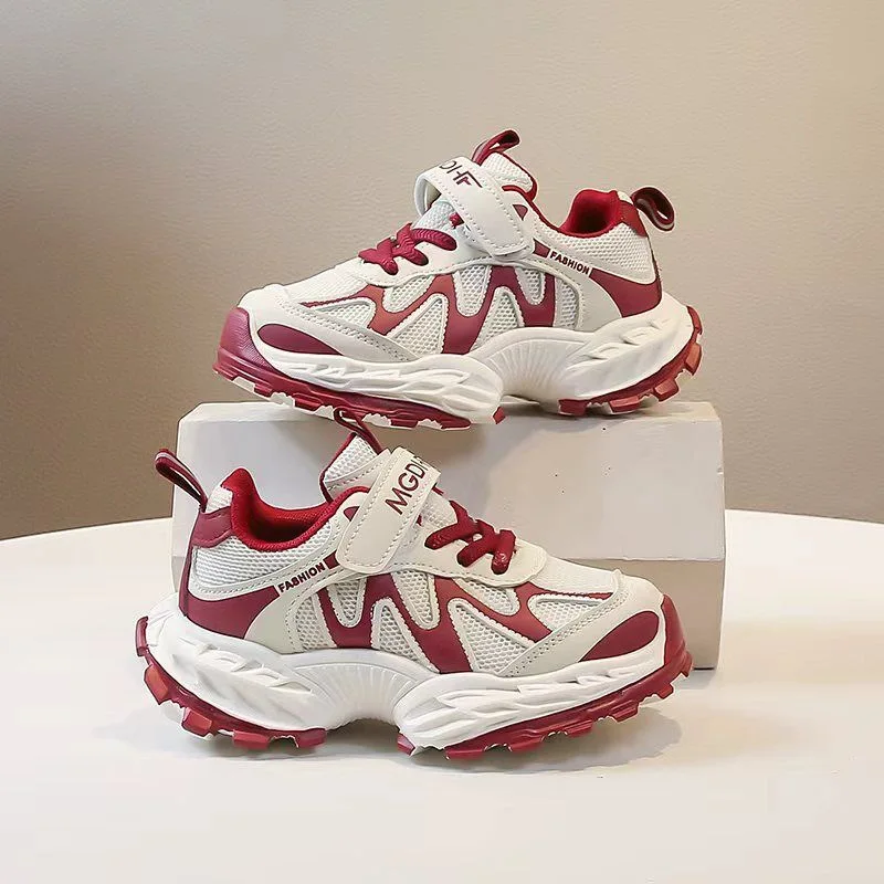 

Детская повседневная обувь, кроссовки из искусственной кожи, весенняя обувь для девочек, Нескользящие дышащие красные туфли на толстой подошве, черные размеры 26-37