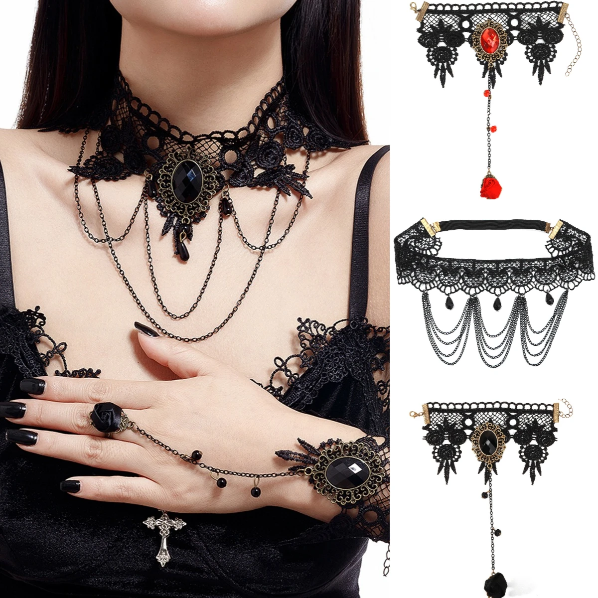 Korean Style Fashion Velvet Choker for Women Exquisite Lace Necklace Link Chains Connecting Harness Sexy Bracelets Set For Women