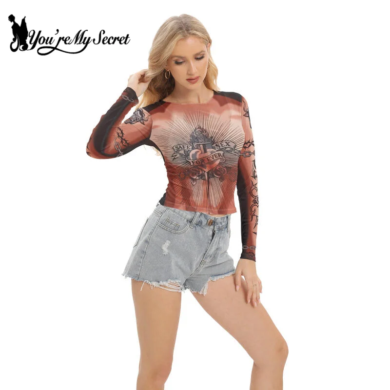 

Летняя женская футболка [You Are My Secret] с круглым вырезом, сексуальная облегающая Сетчатая футболка с длинными рукавами, перспективные Топы
