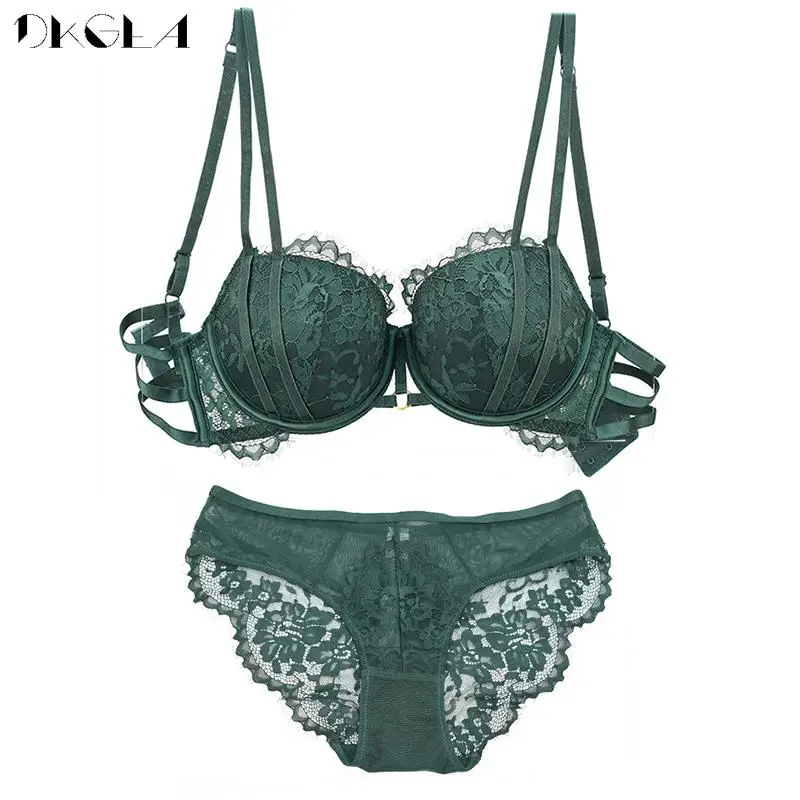 Hollow Out Sexy Bra Set Push Up Brassiere Beautiful Back Green Lace Underwear Women Fashion Thick Lingerie Set New Bras Deep V