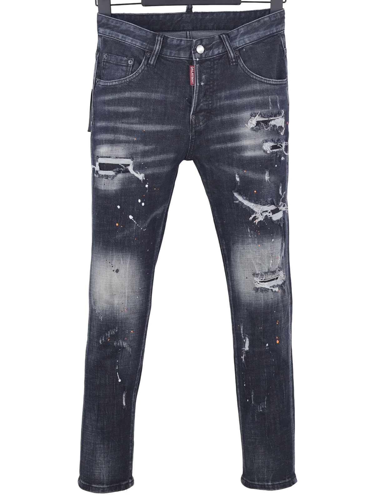 

6090 Four Seasons New D2 Jeans Men's Washed Ripped Patch Slim-fit Trendy Men's All-match Feet Black