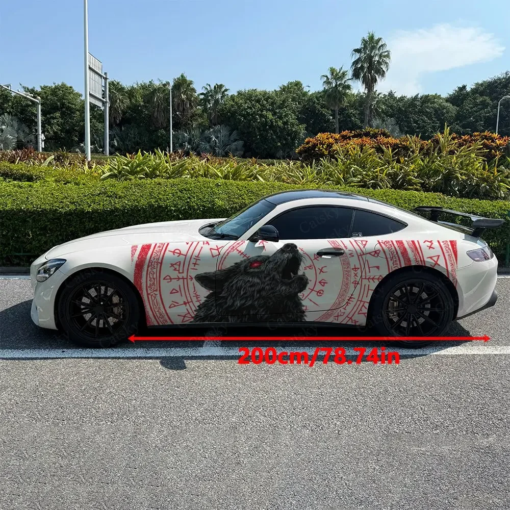 2pcs Red Rune Black Wolf Car Side Wraps, Self-Adhesive PVC Waterproof & Scratch-Resistant Stickers, Car Accessory Gift