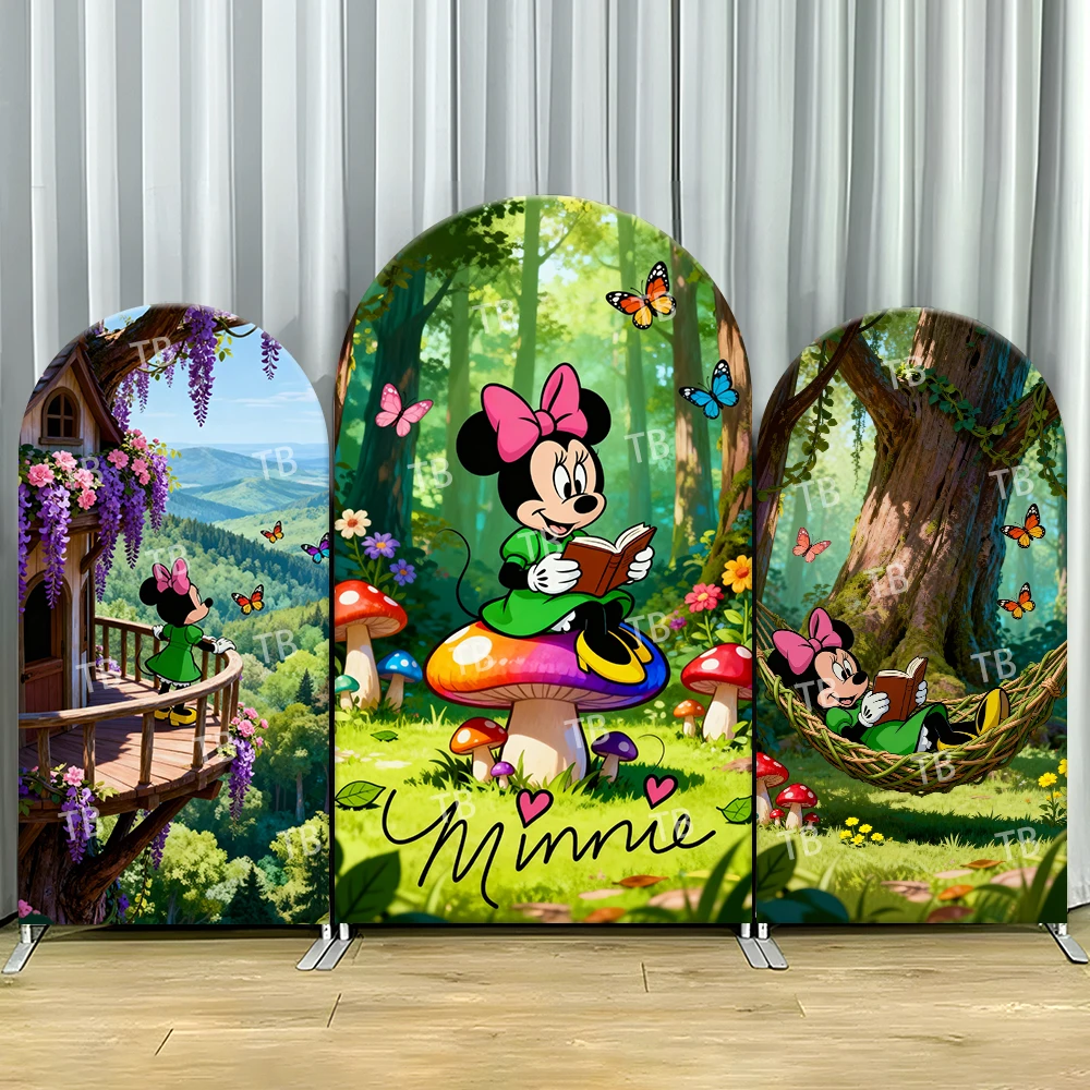 

Фон с изображением Минни Маус, лесная фея, арка, чехол, грибная сцена для детей, день рождения, очаровательная мультяшная тема, декор для фотобудки