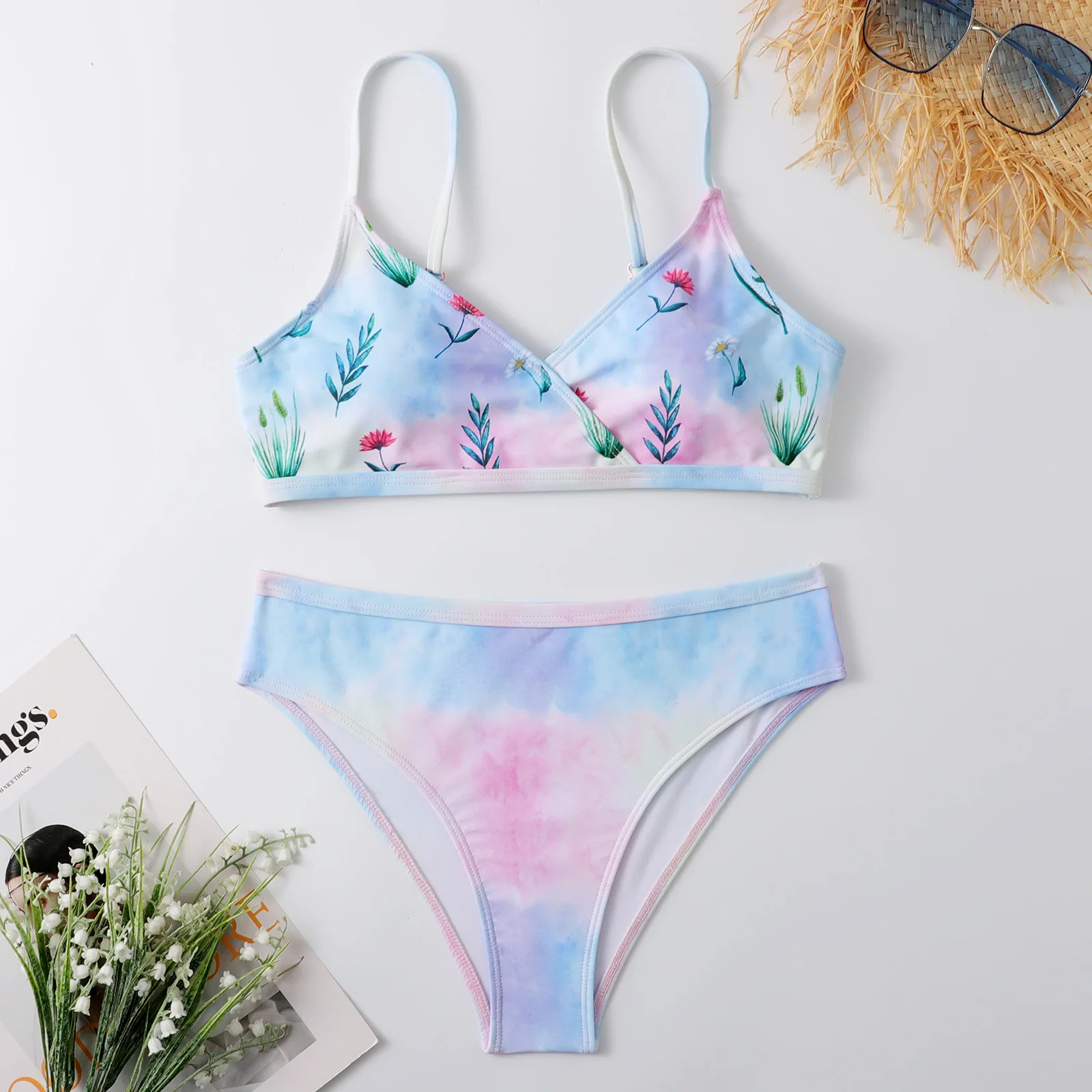 sexy tie dye flower print cross bikinis sets two pieces swimsuits bathing suit swimwear biquini tankini trikini
