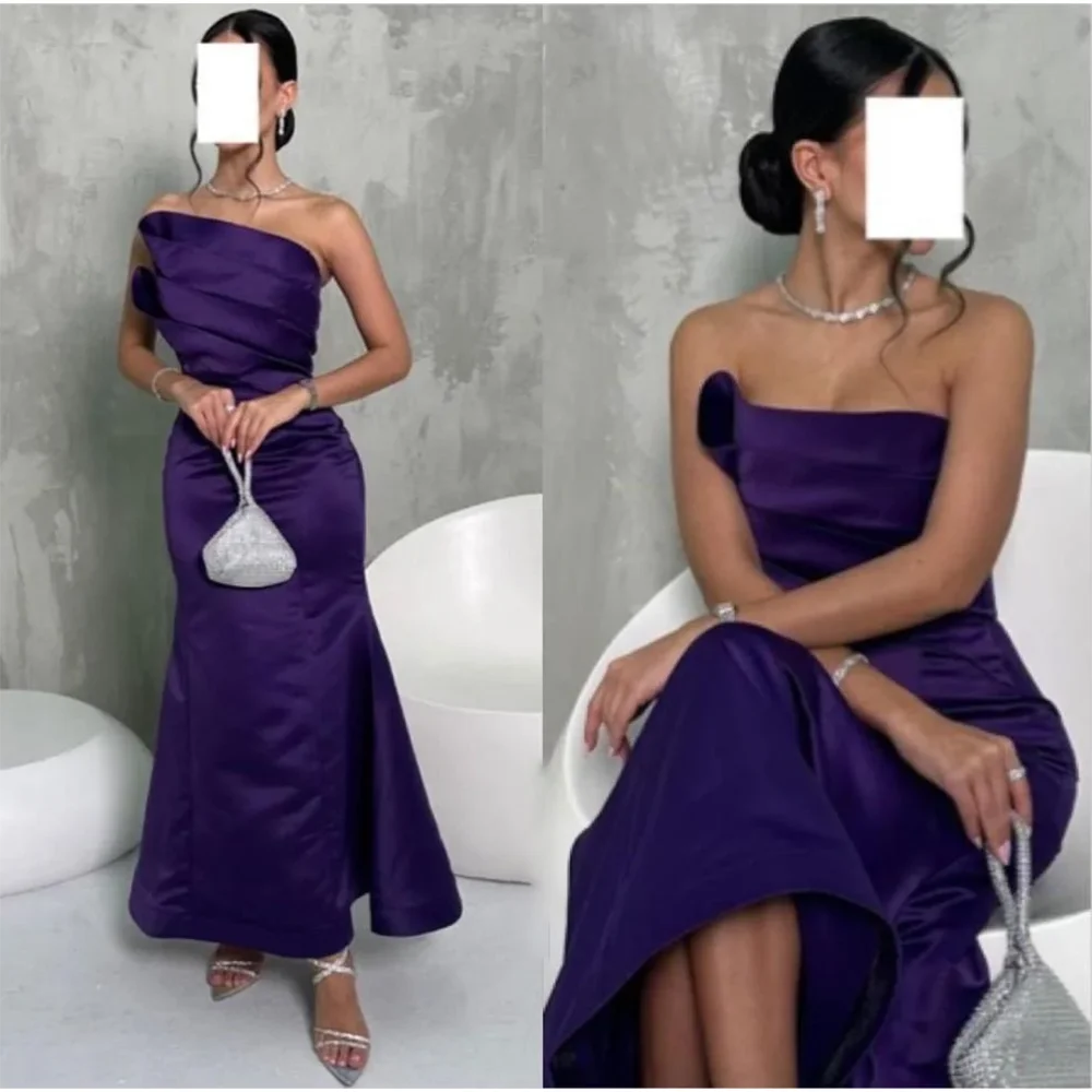 

Purple Party Dresses Strapless Customized Pleat Ankle-Length Mermaid Prom Gown for Pageant Robe Soiree Evening Dress