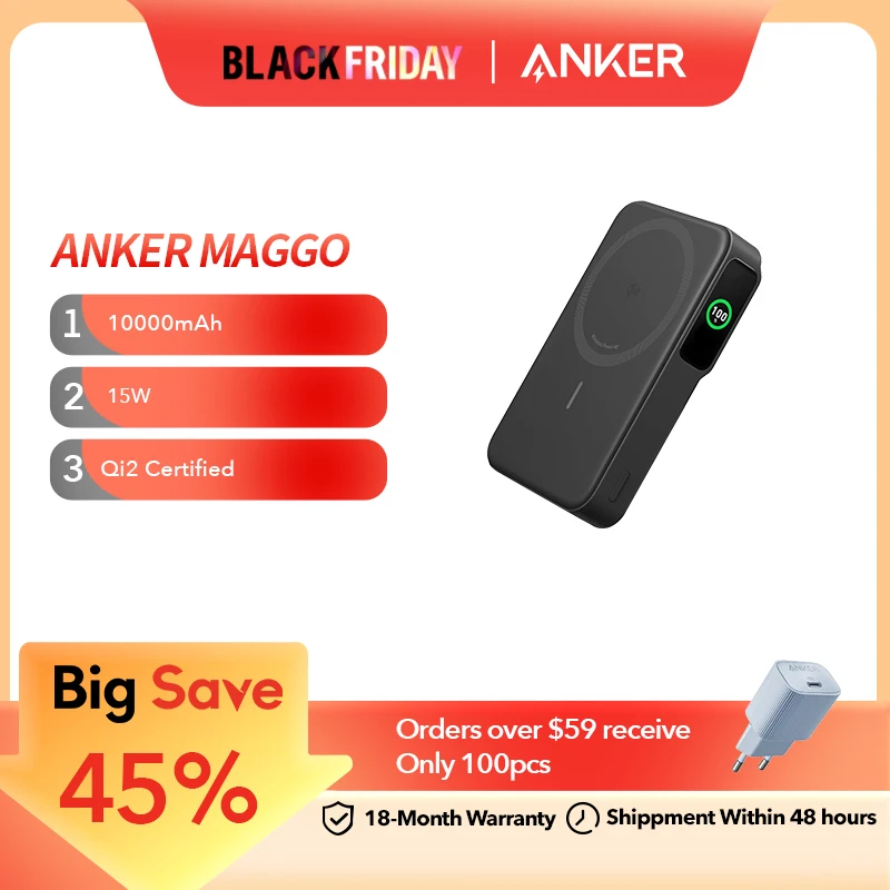 Anker MagGo Trump-style Power Bank,  Qi2 Certified 15W Ultra-Fast MagSafe-Compatible Portable Charger, 10,000mAh Battery Pack