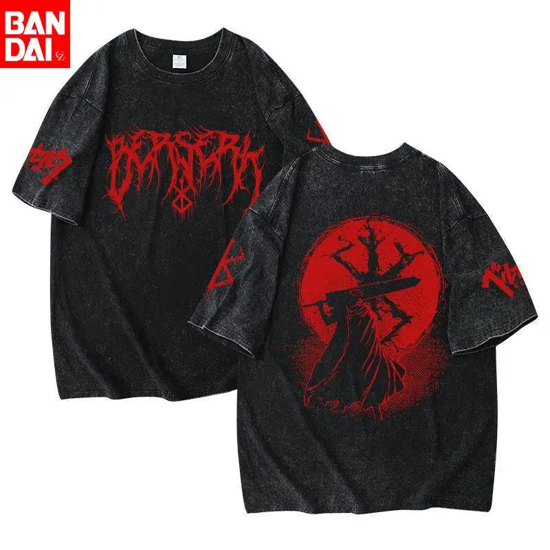 T-shirt Berserk Guts style Black Metal vintage délavé, collection été 2026, streetwear oversize, tee-shirt graphique anime pour hommes et femmes