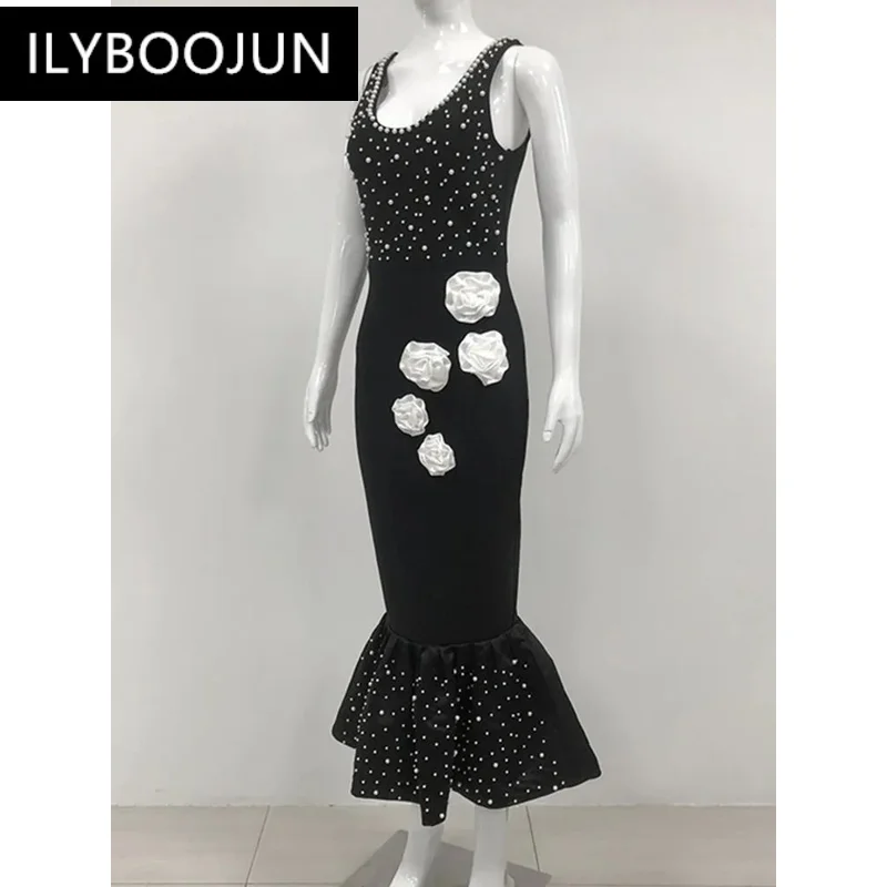 BY Women Celebrity Sexy Tank Pearl Flower Black Midi Mermaid Bodycon Bandage Dress 2024 Elegant Evening Club Party Dress