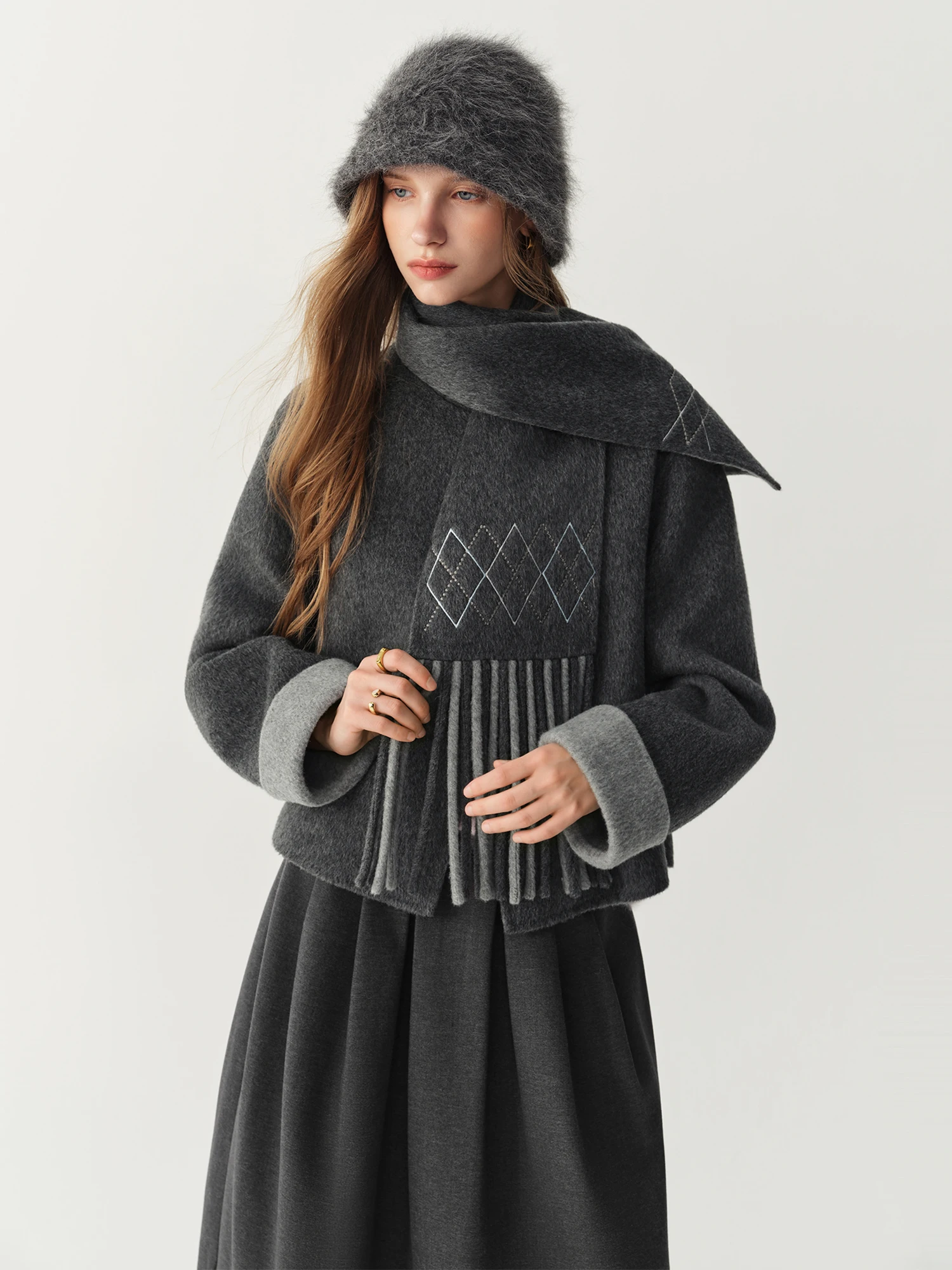 FSLE Women Round Neck One Button 100% Wool Double-Faced Short Coat with Fringe Scarf Winter Brown Color Block Jacket