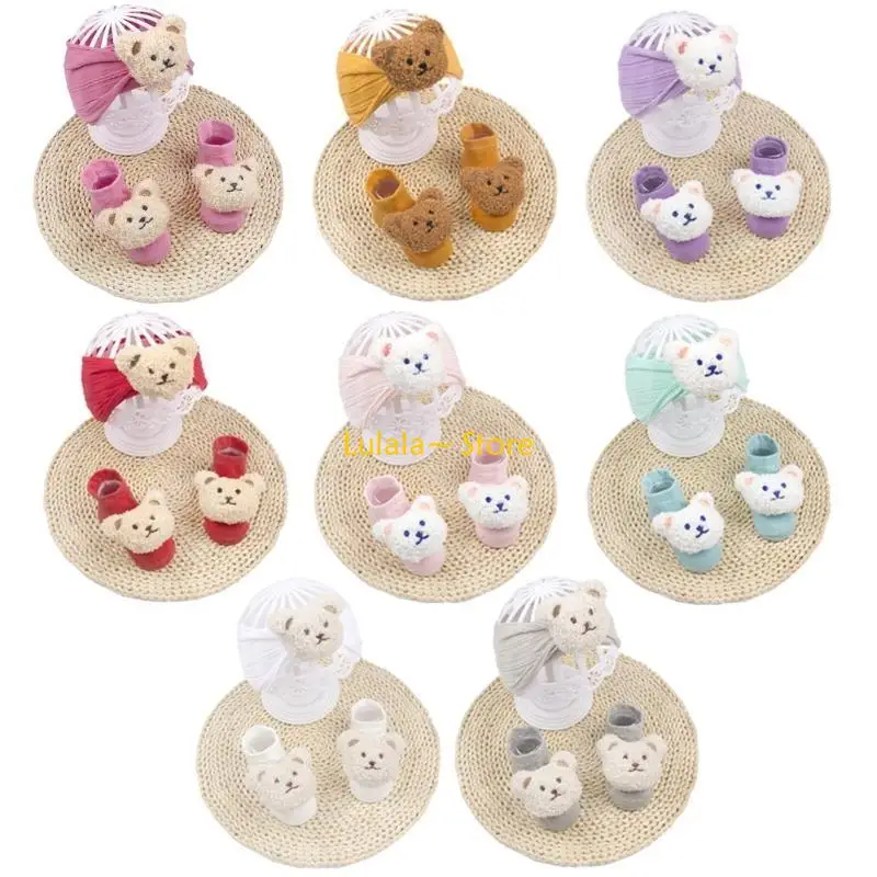 Y4QA Baby Hairband and Socks Set Slip Resistant Floor Socks with Matching Headband