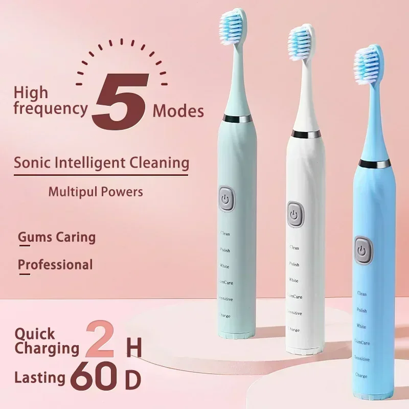 USB 충전기 타이머 충전식 브러시 및 총 청소를 위한 교체 헤드가 포함된 성인용 음파 전동 칫솔 세트