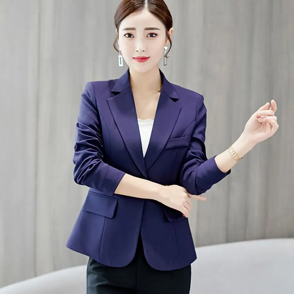 Blazer lengan panjang wanita, Blazer jas kantor warna polos berkancing tunggal, kerah Lapel, Blazer lengan panjang, Blazer Kantor musim gugur