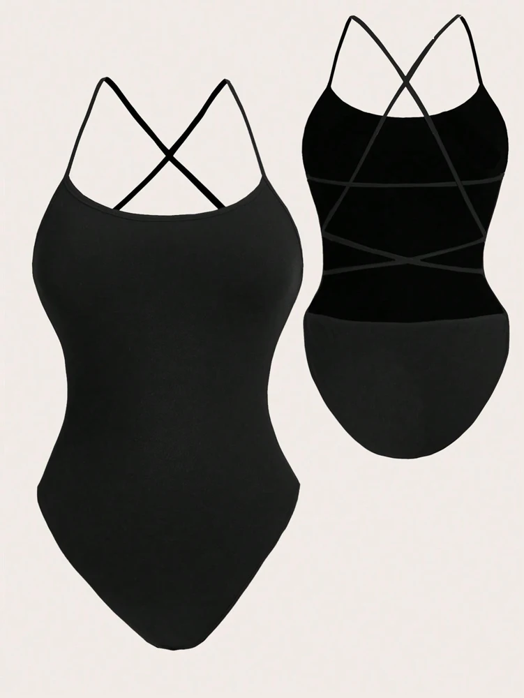 Plus Size Womens 2025 Summer New One Piece Swimsuit Camisole Tankini Solid Colour Sexy Sports Fitness