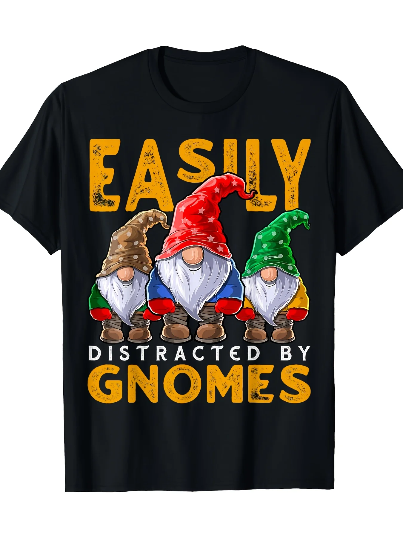 Easily Distracted by Gnomes Graphic T-Shirt - 220gsm Heavyweight 100% Unisex Casual Round Neck Tee with Gnome Design & Funny Saying, Soft Breathable Fabric for Men & Women, All-Season Comfort, Machine Washable Casual Attire, Gnome Lover Gift