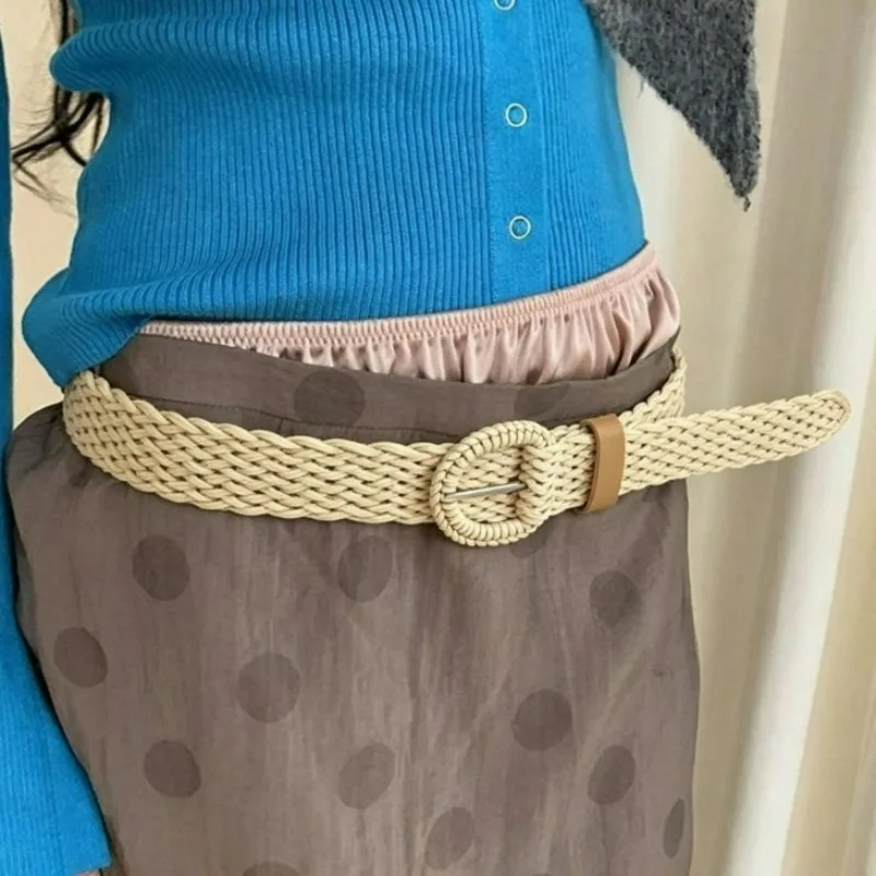 Vintage Braided Waist Belt for Women Jeans Skirt Fashion Round Wooden Waistband Smooth Buckle Fake Straw Handmade Wide Belts