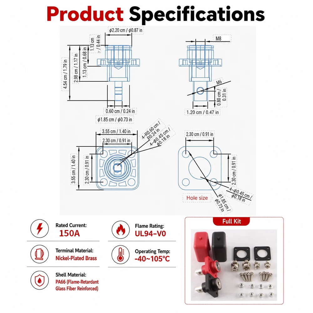 1 Paar 50A 80A 100A 120A 150A 200A Quadratische Vollkupfer-Hochstrom-Lithium-Energiespeicher-Steckverbinder für Wandmontage-Batterieanschlüsse – Detail 9