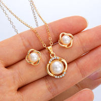 New 2Pcs/Set Zircon Imitation Pearl Necklace Earring for Women Elegant Geometry Gold Silver Color Jewelry Set Fashion Party Gift