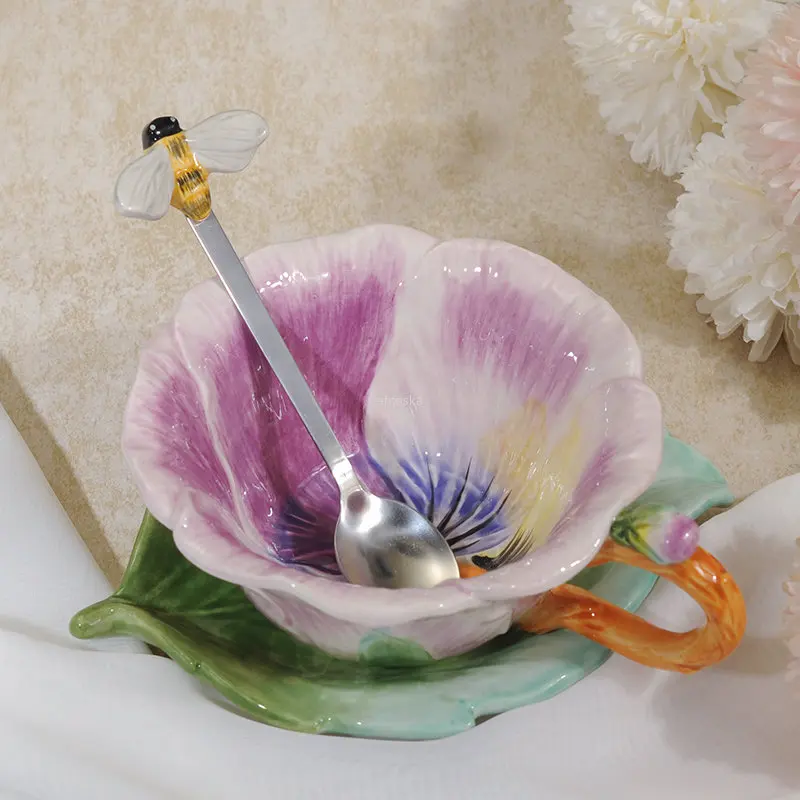 150 ml cup plate with spoon set Creative flowers and plants ceramic tea cup Coffee cup saucer and spoon set  cups and mugs