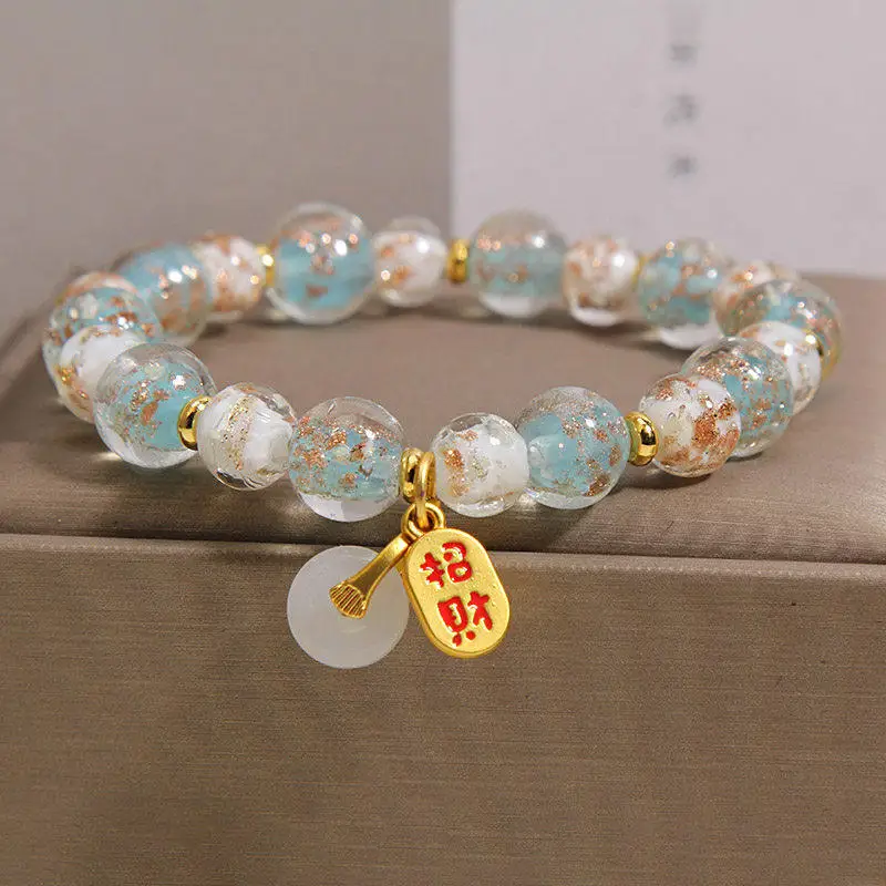 New Chinese-style Blue Luminous Glass Bracelet Women's Light Luxury Niche High-end Sense Safe Buckle Pendant Lucky Hand String