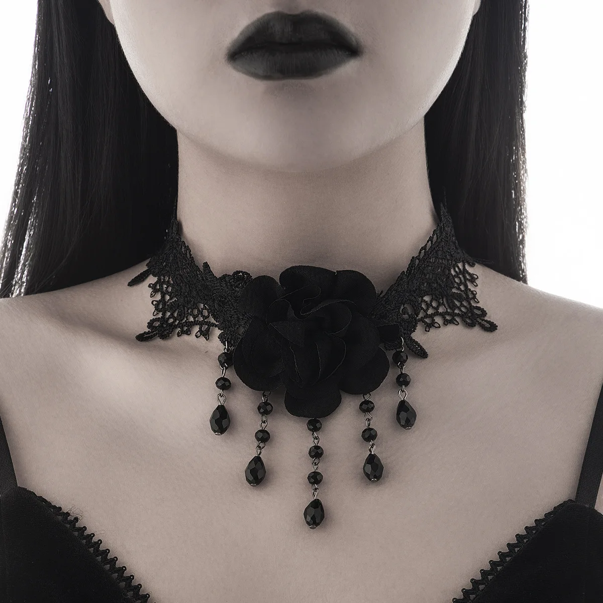 

Black lace tassel pendant necklace with rose flower gothic style choker dark necklace