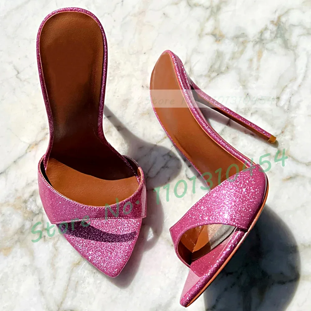 Open Pointy Glitter Mules With High Heels Women Holiday Summer Crocodile Leather Shoes Lady Multicolor Party Casual Slippers