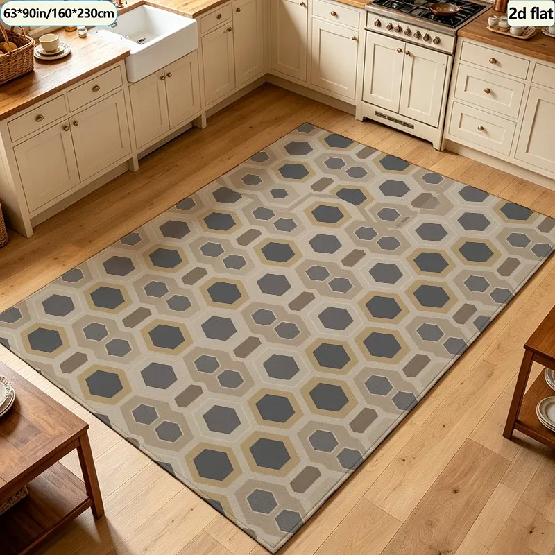 Modern Beige Grey Hexagon Geometric Carpet Flooring Square Area Rug Non‑Slip Washable Floor Mat for Study Office Home Decoration